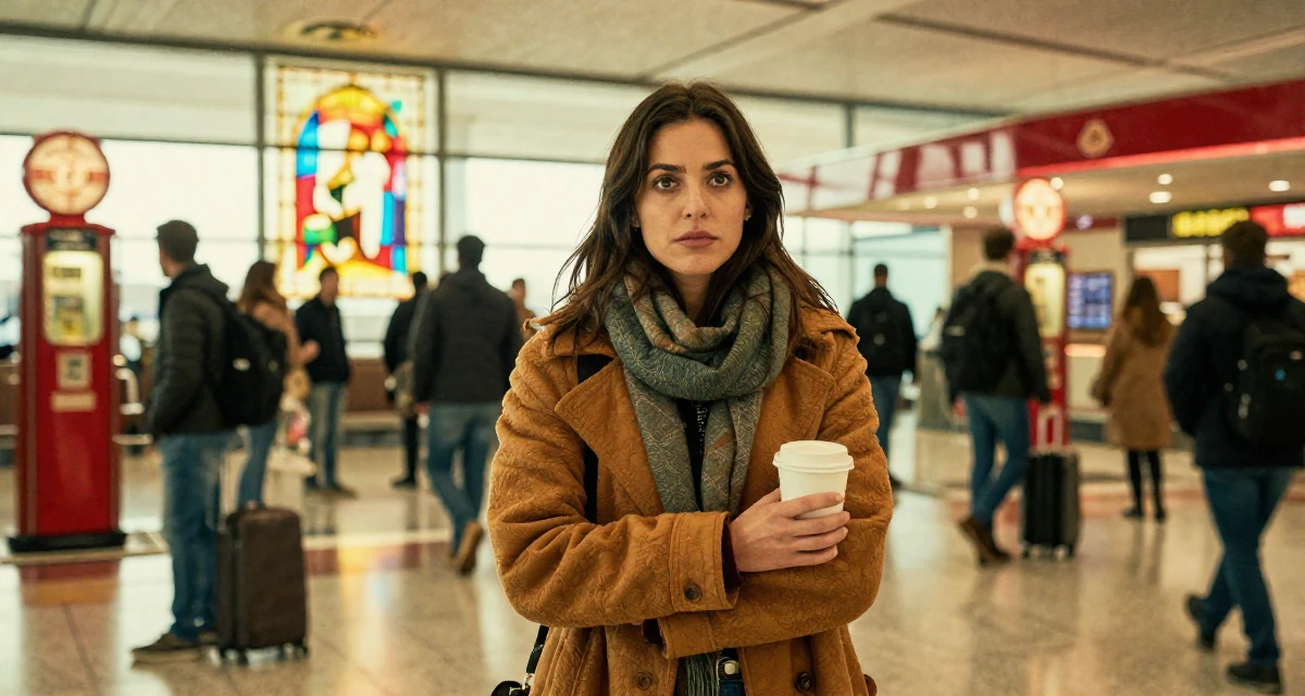A unbothered Female From Panama, majored in media production in their 24, seriously considering moving to a new country, wearing a layered autumn coat and scarf, holding a cup of coffee in a airport terminal.