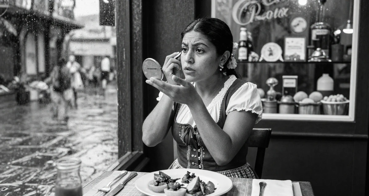 A emotional Female From Mexico City Mexico, studied graphic communication in their 31, learning to cook gourmet meals at home, wearing a peasant girl corset dress with a white blouse, checking makeup in a compact mirror in a zoo pathway.