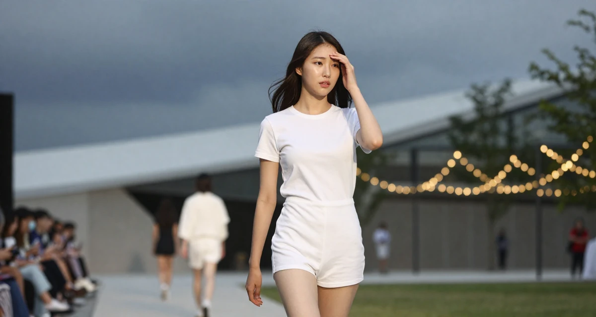 A soulful Female From South Korea, has a background in cosmetics chemistry in their 25, trying to avoid burnout from overthinking every post, wearing a cotton jersey romper that fits tightly, resting a hand on the forehead in a fashion runway.