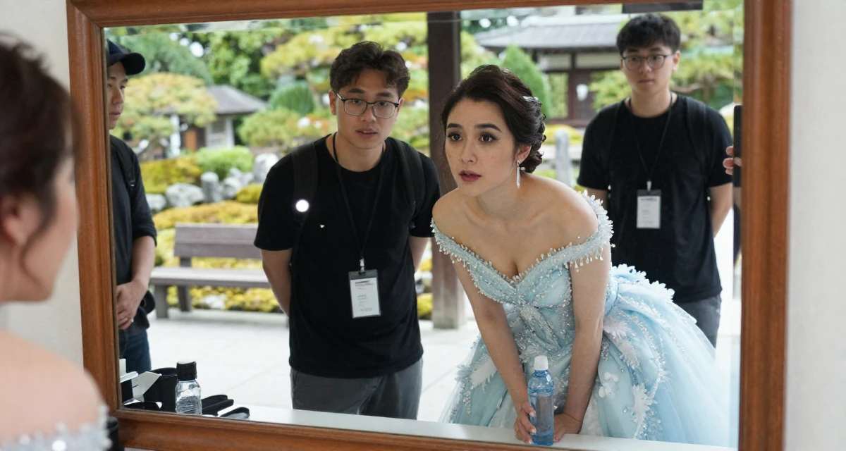 A grounded Female From Los Angeles USA, majored in performing arts in their 37, mentoring younger creatives in the industry, wearing a snow queen gown with ice crystal details, holding a water bottle in a vanity mirror.