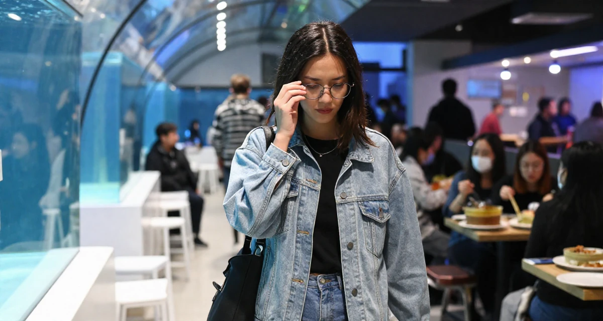A focused Female From USA, majored in communications at a state university in their 22, responding to fans while keeping emotional distance, wearing a comfortable urban casual outfit, adjusting glasses in a aquarium tunnel.