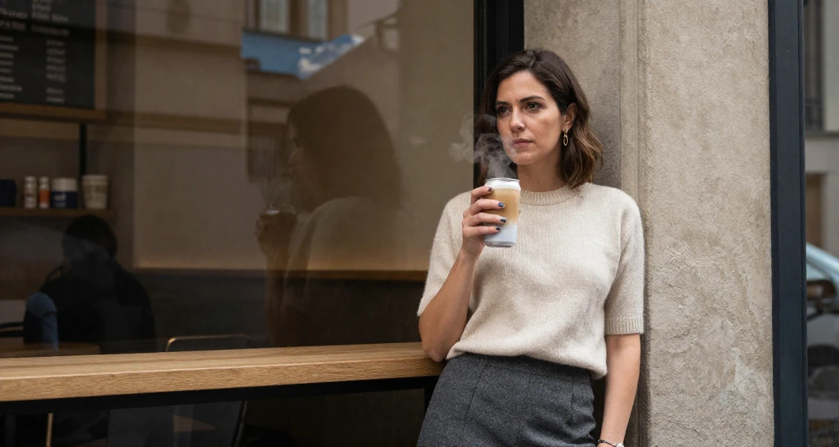 A confident and poised Female From Barcelona Spain, majored in audiovisual production in their 30, freelancing after a layoff, wearing a short sleeve cashmere sweater and a skirt, holding a beverage can in a coffee shop corner.