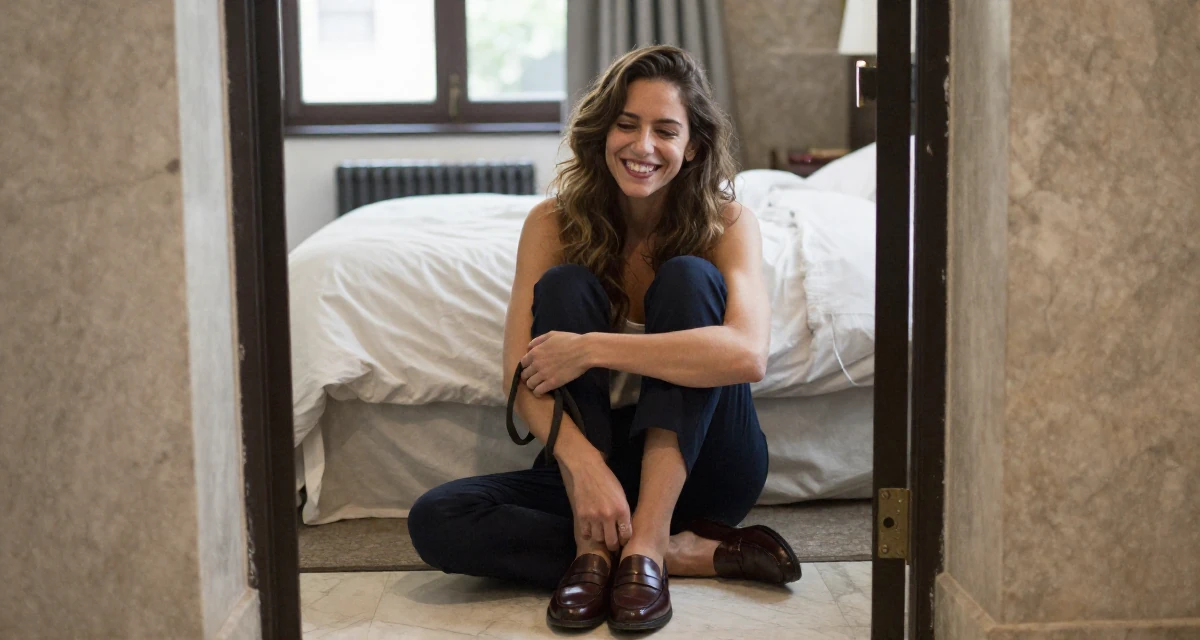 A passionate Female From Barcelona Spain, majored in audiovisual production in their 27, forcing yourself to smile in content on bad days, wearing a polished loafer and trousers look, holding a leash in a cinema entrance.