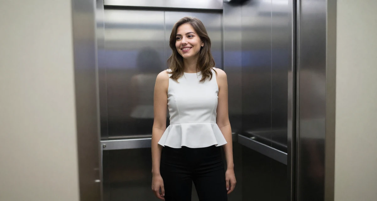 A relaxed and observant Female From Poland, majored in international relations in their 23, seeking career clarity through trial and error, wearing a white peplum top and skinny black trousers, laughing softly in a elevator hall.