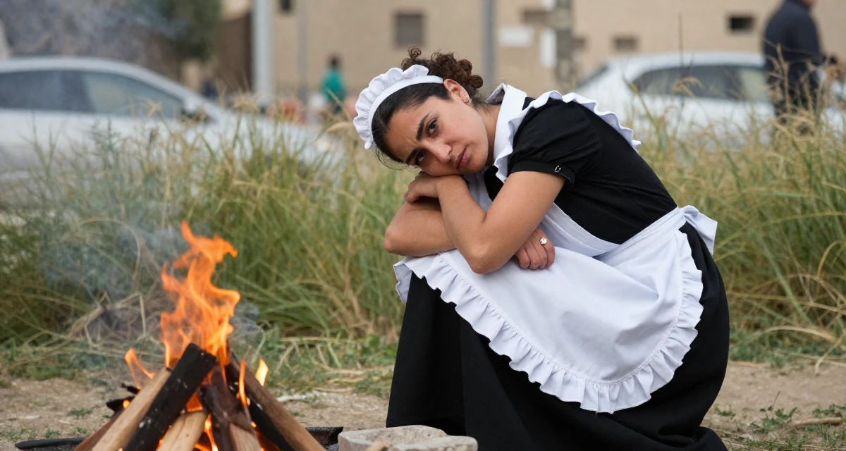 A fearless Female From Cairo Egypt, studied anthropology in their 33, struggling with work-life balance, wearing a maid outfit with a white apron and ruffled headband, playing with a ring in a campfire circle.