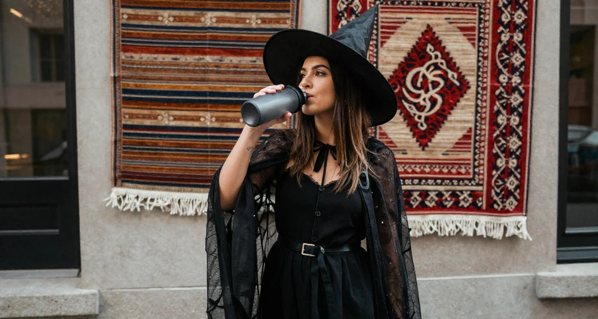 A cool and collected Female Once a junior photographer, now the subject of her own shoots in their 26, chasing the digital nomad lifestyle dream, wearing a classic witch costume with a wide-brimmed hat, drinking from a water bottle in a city sidewalk.