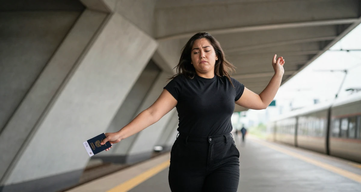 A confused Female Once a logistics coordinator, now creating body-positivity material in their 24, feeling cynical about the corporate ladder, wearing a urban minimalist silhouette, holding a passport in a train platform.