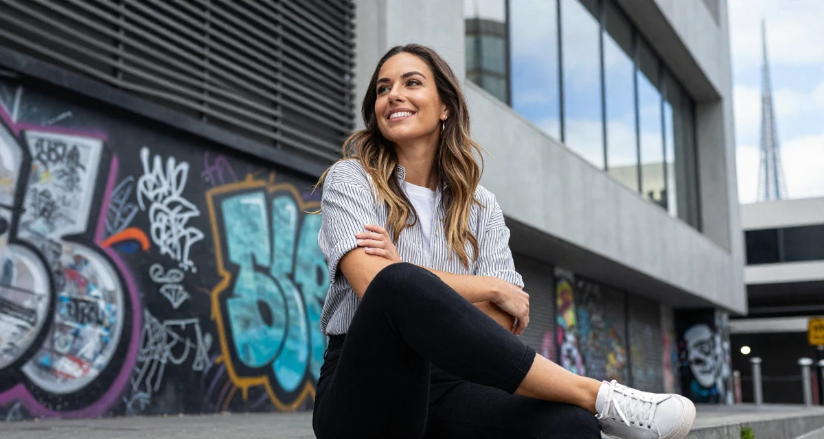 A hopeful Female From Wellington New Zealand, majored in sociology in their 24, struggling with inconsistent motivation, wearing a modern casual lifestyle wear, crossing arms confidently in a graffiti art wall.