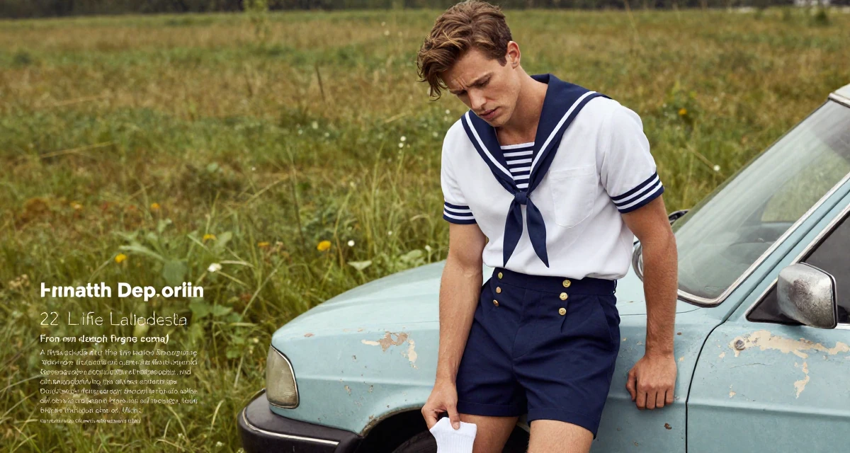 A soulful male From Czech Republic, studied photography and cinematography in their 22, worrying about real-life friends discovering the account, wearing a vintage pin-up sailor outfit with high-waisted shorts, pulling up a sock in a grassy field.
