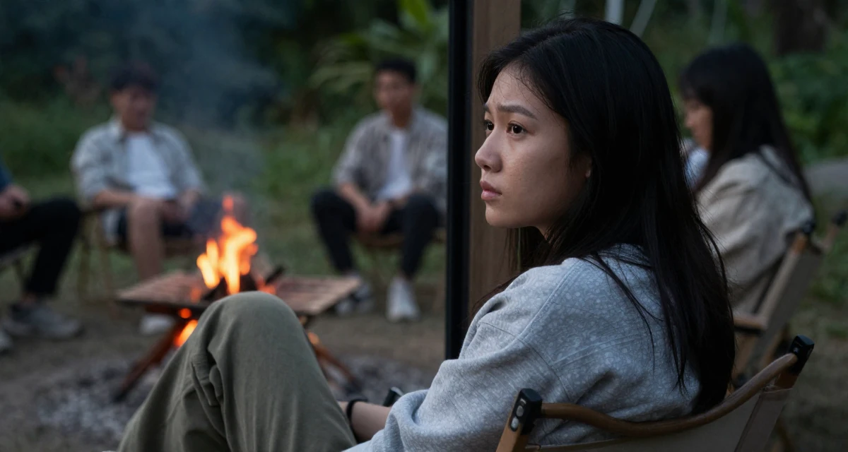 A thoughtful Female From Vietnam, majored in international business in their 22, worrying about real-life friends discovering the account, wearing a relaxed streetwear, looking out the window in a campfire circle.