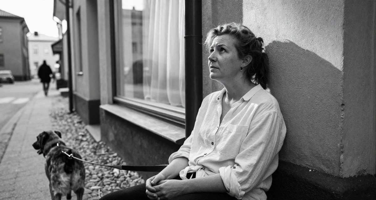 A passionate Female From Helsinki Finland, studied visual communication in their 31, feeling the biological clock or societal pressure, wearing a relaxed vacation shirt, walking a dog (leash visible) in a quaint European street.