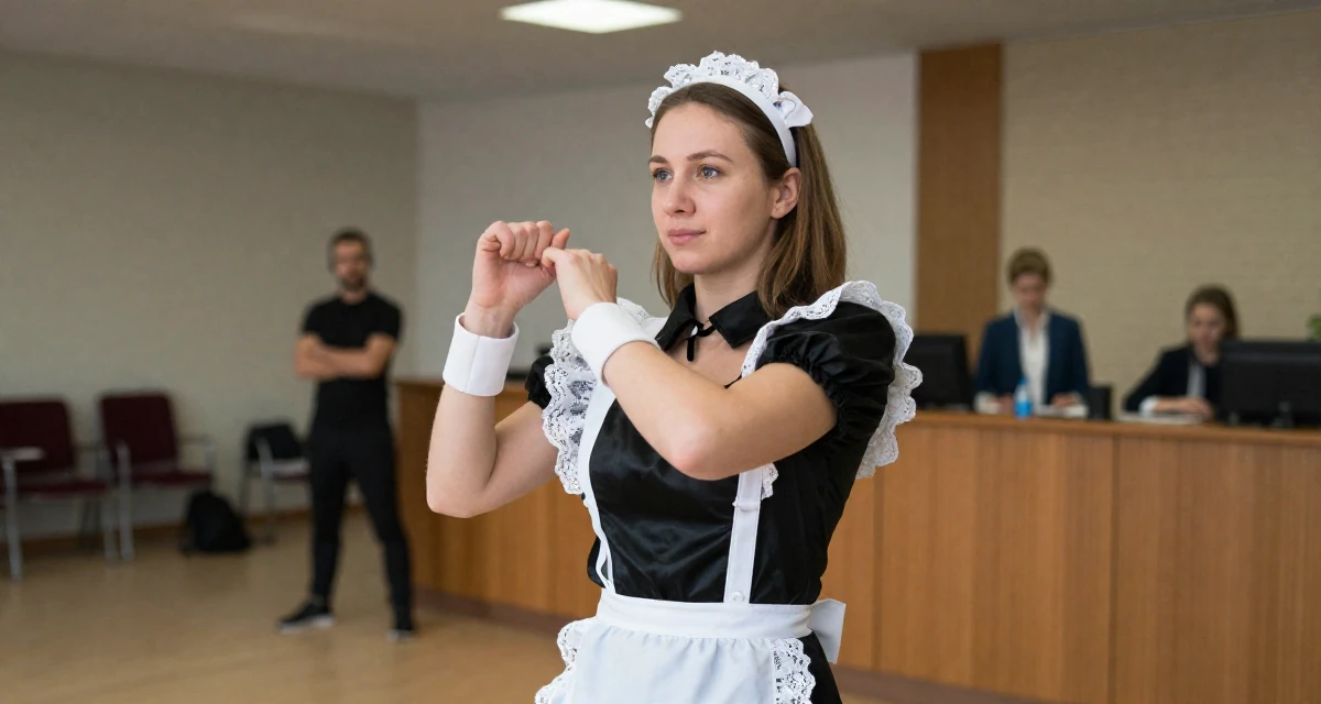 A soft Female From Russia, studied psychology at a community college in their 48, fitness instructor focused on mobility and strength, wearing a french maid costume with black silk and white lace, glancing sideways in a conference room.