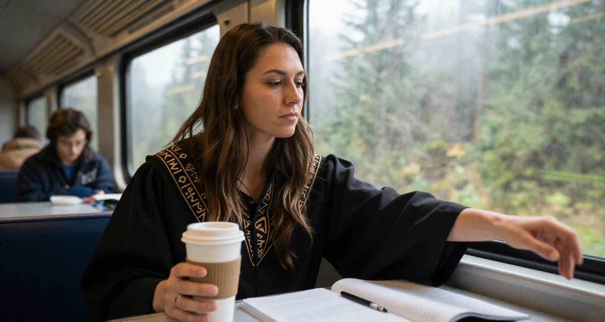 A mellow Female From Vancouver Canada, trained in natural light portraiture in their 25, struggling to maintain motivation in early studies, wearing a cultist robe with mysterious rune embroidery, holding a cup of coffee in a train carriage.