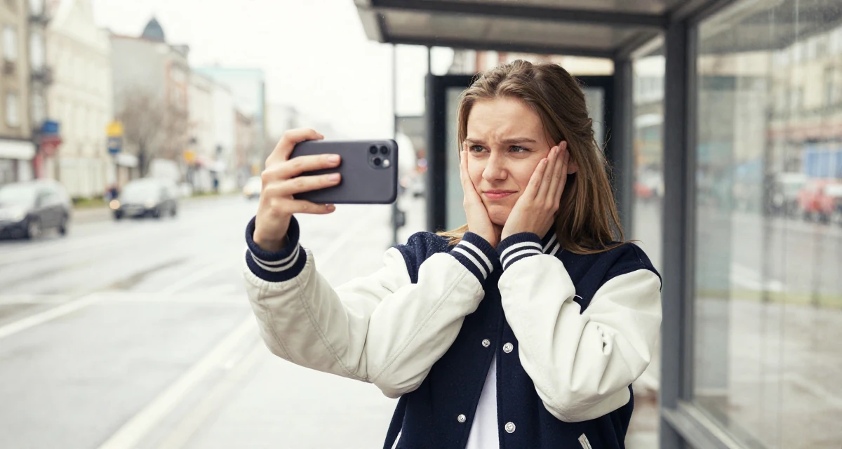 A sarcastic Female From Russia, studied digital media at a vocational school in their 20, full of naive optimism and energy, wearing a casual varsity jacket look, snapping a photo with a phone in a bus stop in the rain.
