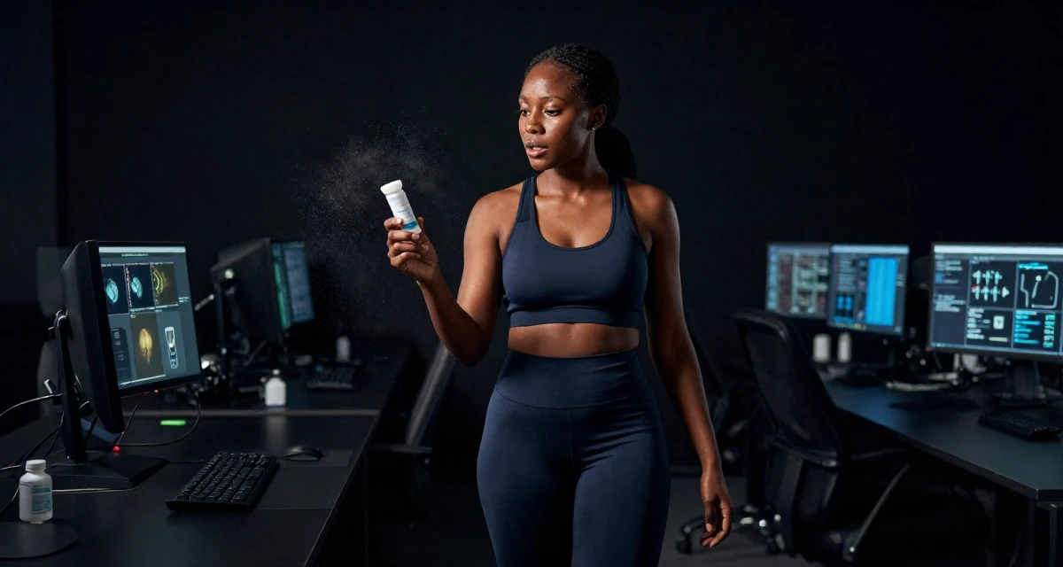 A focused Female From Nigeria, studied biomedical science in their 45, reviewing anti-aging products with honesty, wearing a fitted athletic wear, kicking up dust playfully in a cybernetic computer lab.