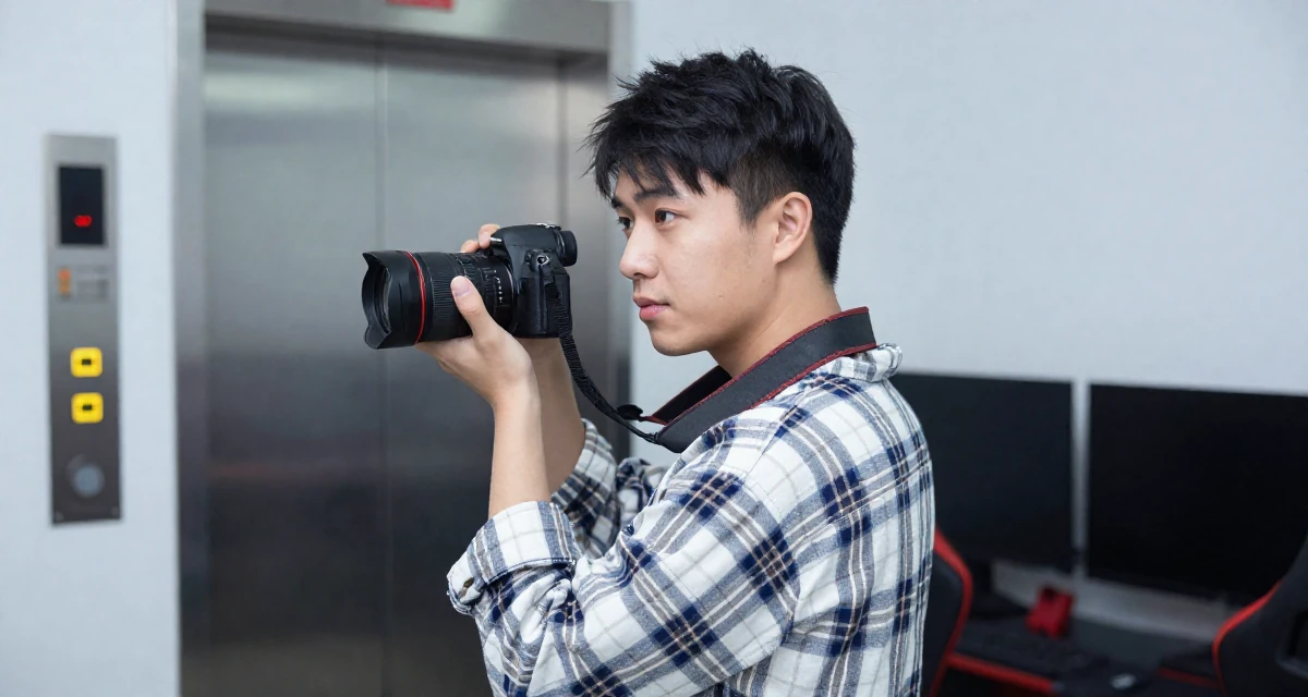 A thoughtful male From China, majored in economics at a top university in their 25, trying to avoid burnout from overthinking every post, wearing a casual plaid button-down, holding a camera ready to shoot in a gaming room.