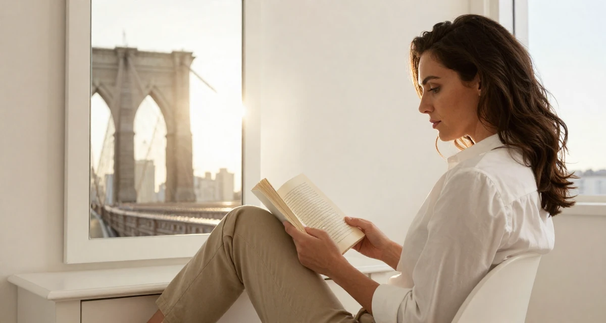 A gently serious Female From Australia, studied event management in their 30, recovering workaholic learning to relax, wearing a crisp white shirt and chinos, reading a book intently in a vanity mirror.