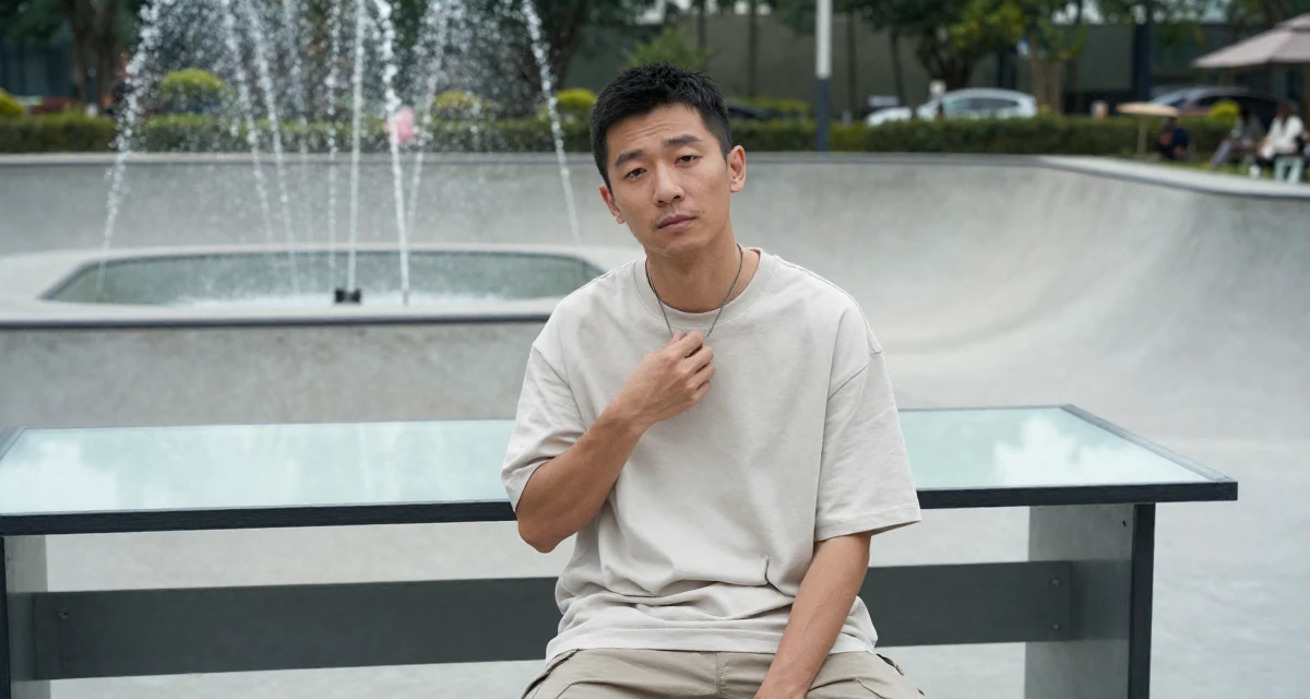 A gently serious male From Wuhan China, learned social media branding through indie projects in their 38, capturing cinematic moments of daily life, wearing a clean, neutral-toned casual outfit, touching a necklace in a skate park.