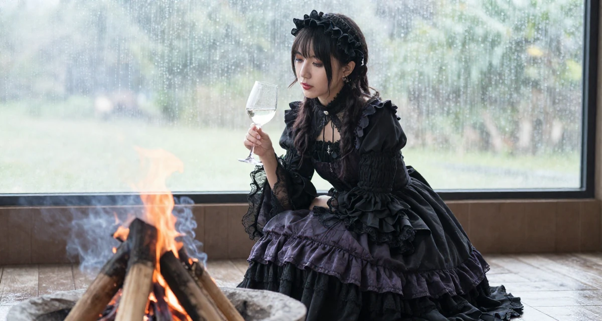A fearless Female Raised in Peru, studied advertising management in their 31, re-evaluating long-term career goals, wearing a elaborate gothic lolita dress with frills and lace, holding a wine glass by the stem in a campfire circle.