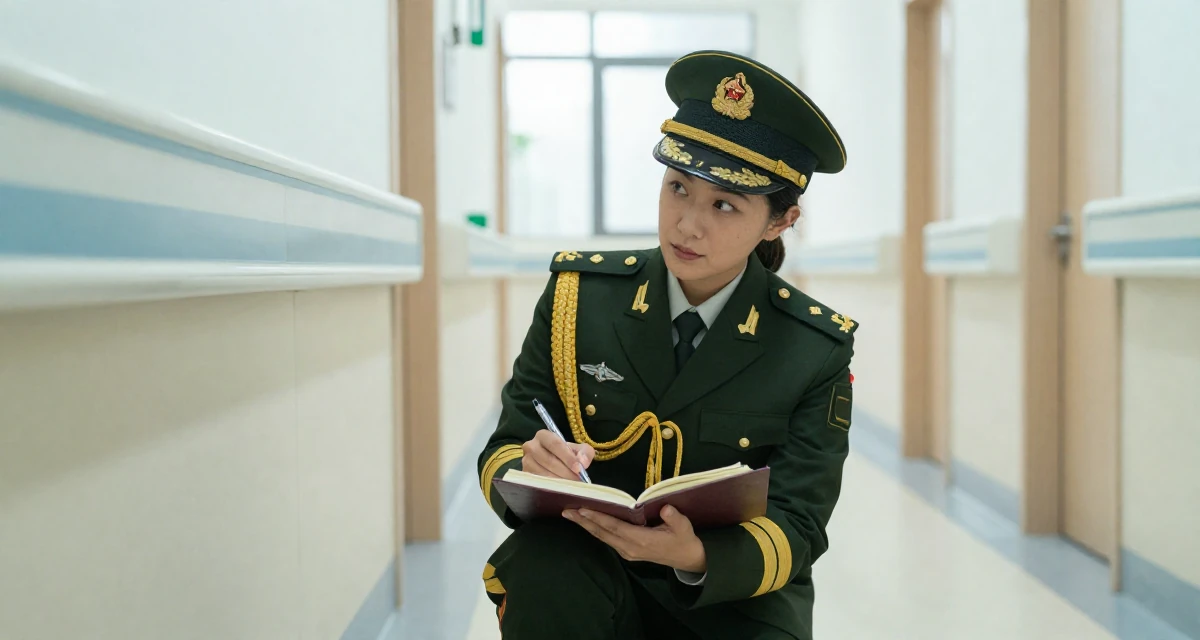 A relaxed and observant Female Once a logistics coordinator, now creating body-positivity material in their 36, sharing tips for organizing a chaotic home, wearing a military general uniform with gold braiding and a hat, writing in a journal in a hospital corridor.