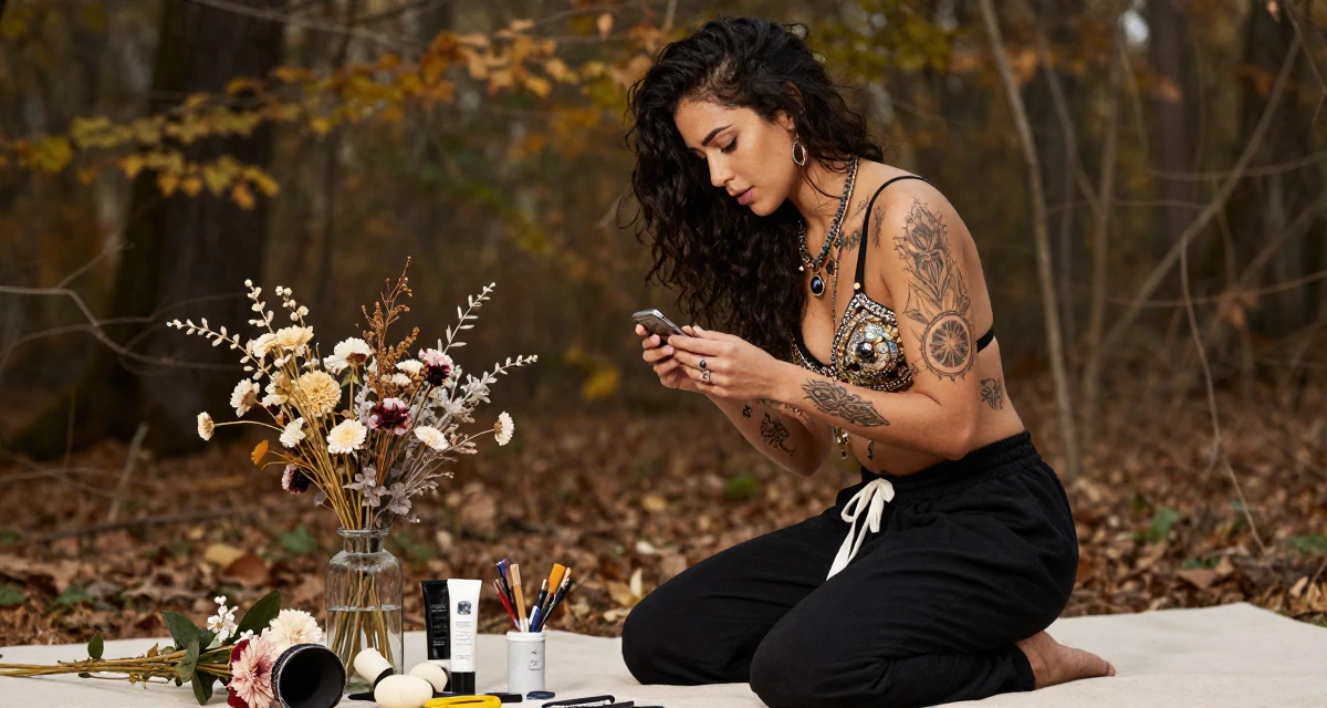 A resilient Female Once a tattoo apprentice, now a creator blending ink culture and lifestyle in their 20, chasing creative dreams despite parental skepticism, wearing a harem pants and an ornate jeweled bra top, inspecting an object in a autumn forest.