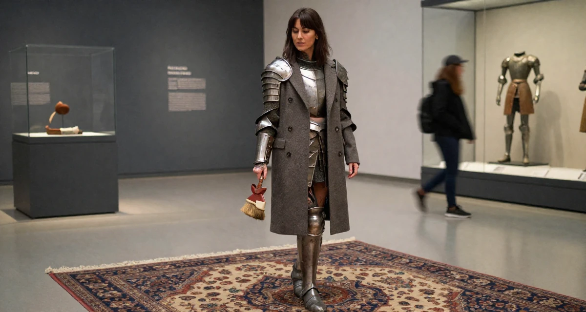 A placid Female Once a tattoo apprentice, now a creator blending ink culture and lifestyle in their 25, wearing a tailored coat and looking sharp, wearing a battle-damaged armor showing skin underneath, brushing off dust in a museum exhibit.