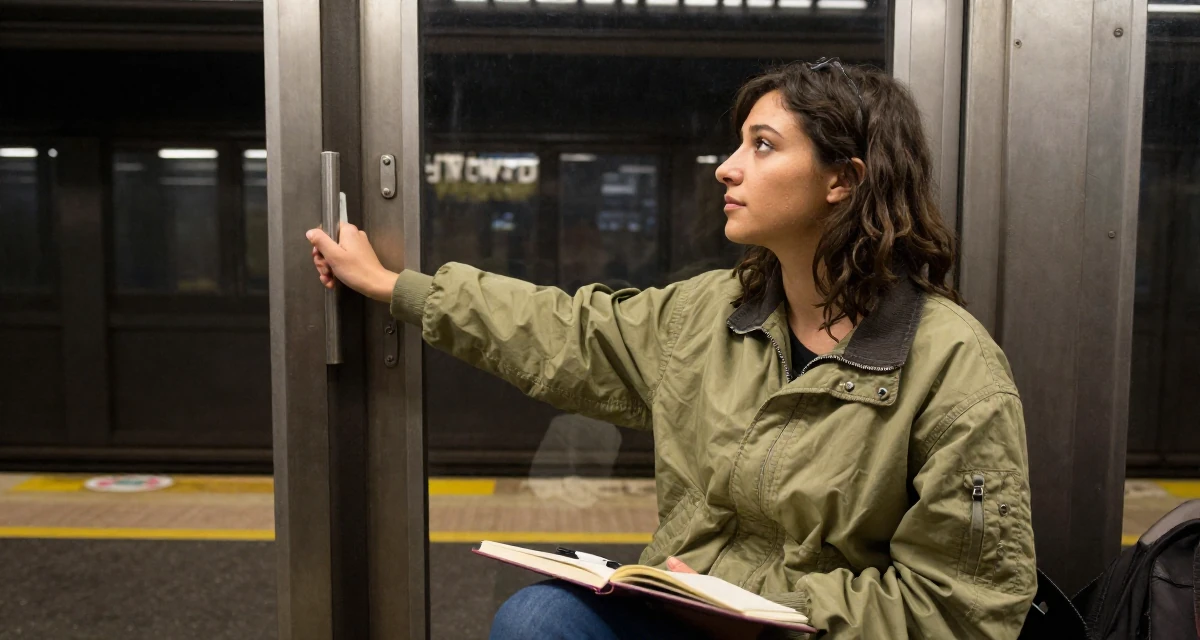 A serene Female From Italy, majored in law in their 21, full of rebellious spirit and curiosity, wearing a retro windbreaker jacket, pushing a door open in a subway platform.
