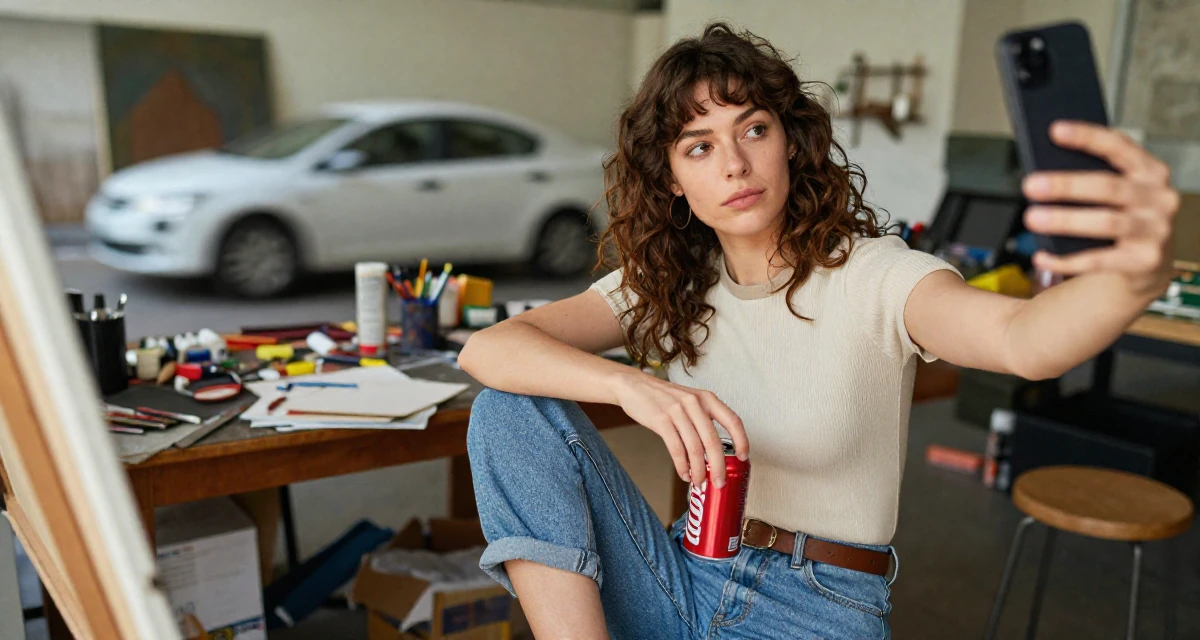 A unbothered Female From United States, majored in hospitality operations in their 23, exploring flirtatious selfies that feel natural, wearing a retro 90s casual vibe, opening a soda can in a messy artist studio.