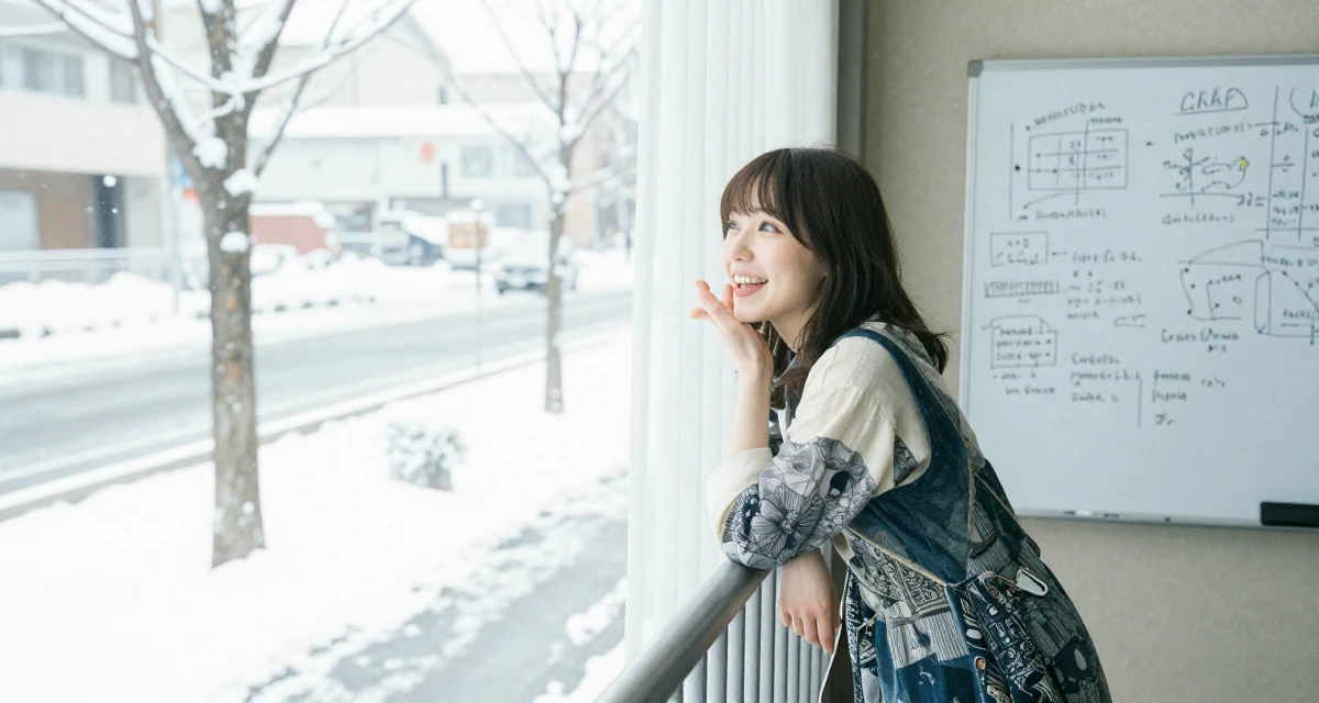 A playful and energetic Female From Tokyo Japan, studied gravure-style posing and aesthetic direction in their 25, considering expanding into TikTok or Reddit promo, wearing a artistic layered clothing, looking out the window in a snowy sidewalk.