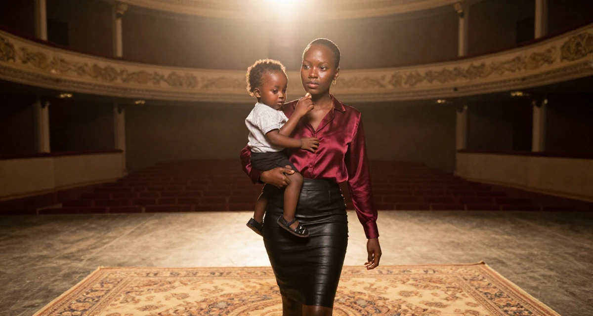 A unbothered Female From Mozambique, studied environmental science in their 35, raising a toddler while building a business, wearing a burgundy silk blouse and black leather skirt, touching the chin thoughtfully in a empty theater stage.