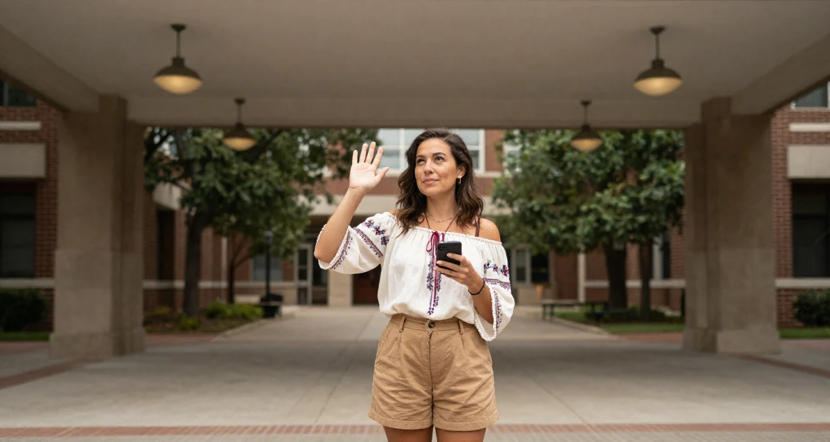 A unbothered Female Once a history major, now creating vintage-inspired storytelling in their 49, looking forward to the freedom of 50, wearing a boho style off-shoulder peasant top and shorts, checking a phone in a university campus.