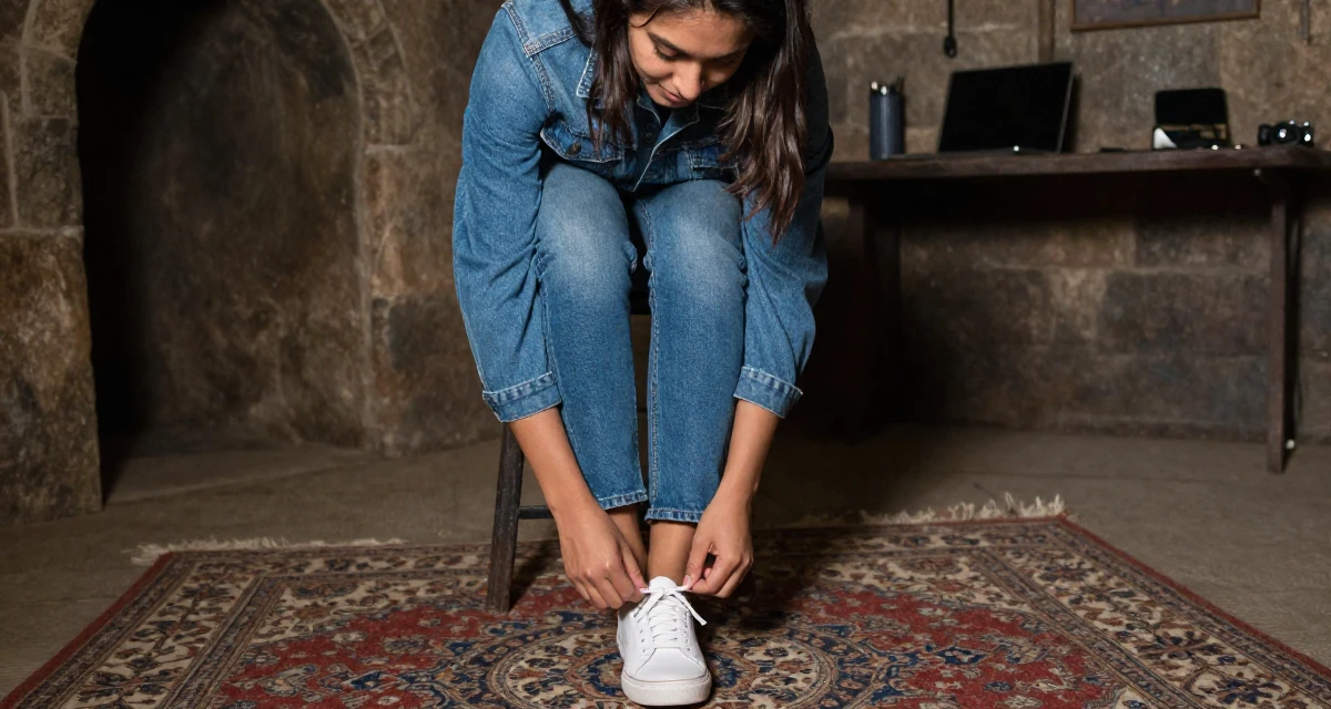 A relaxed Female Former volunteer teacher, now crafting empowering creator narratives in their 29, balancing content creation with part-time work, wearing a fashionable denim on denim, tying a shoelace in a dungeon cell.