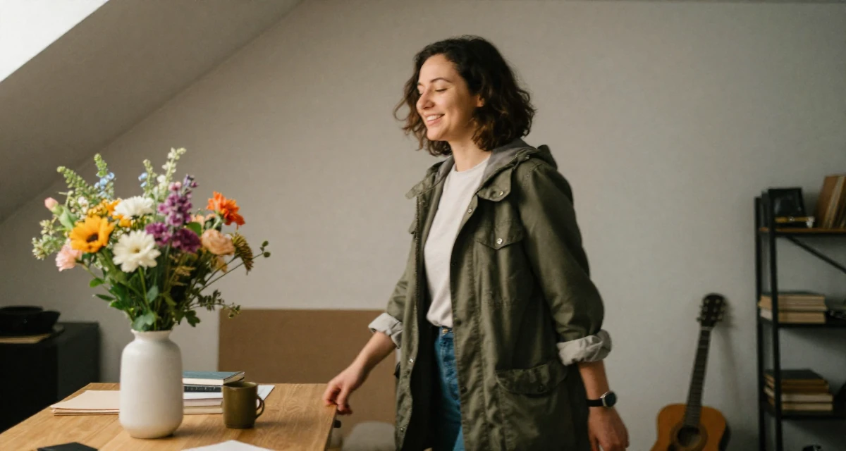 A joyful Female Former library assistant, now creating cozy reading-corner aesthetics in their 30, feeling pride and fatigue in equal measure, wearing a stylish parka jacket, rolling up sleeves in a basement studio.