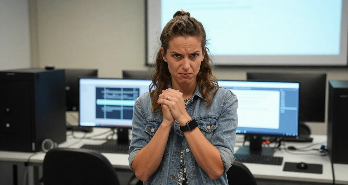 A defiant Female From Munich Germany, studied mechanical engineering in their 29, learning self-discipline the hard way, wearing a casual weekend brunch outfit, clasping hands together in a cybernetic computer lab.