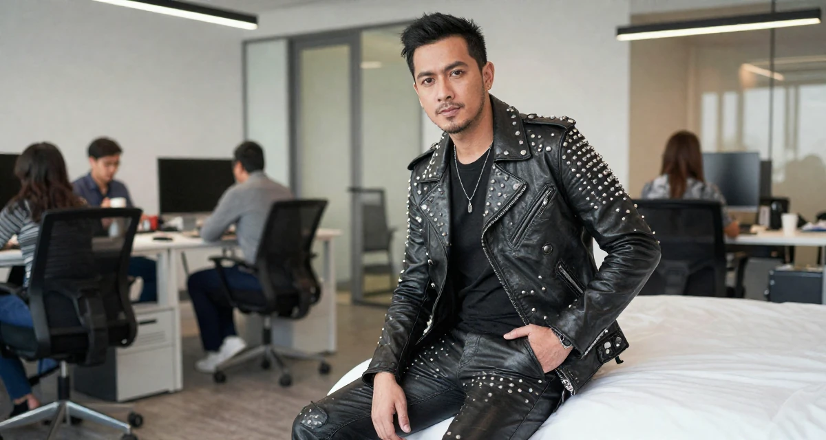 A self-assured male Born in Indonesia, studied brand communication in their 40, redefining style for the modern professional, wearing a heavy metal rocker outfit with studs and leather, sliding a hand into a pocket in a busy coworking space.