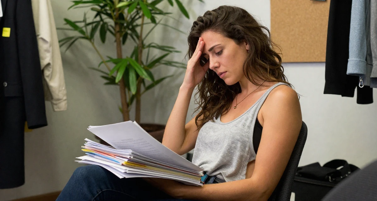 A carefree Female From United States, studied French literature in their 27, learning that passion doesn’t protect you from stress, wearing a loose tank top with deep side cuts, carrying a stack of documents in a backstage dressing room.