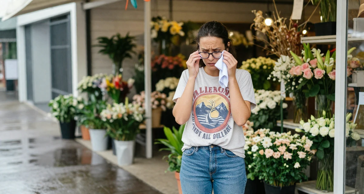 A worried Female From Australia, based in Gold Coast, graduated from a media academy majoring in sensual creative direction in their 49, preparing for a spiritual pilgrimage, wearing a laid-back graphic tee and jeans, cleaning glasses with a cloth in a flower shop entrance.