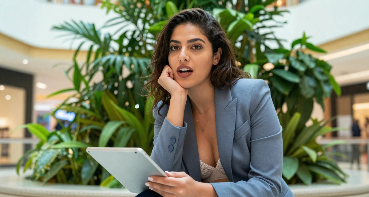 A energetic Female From United States, studied French literature in their 49, celebrating the beauty of imperfection, wearing a fitted blazer with nothing underneath but a lace bra (hinted), holding a tablet in a shopping mall atrium.