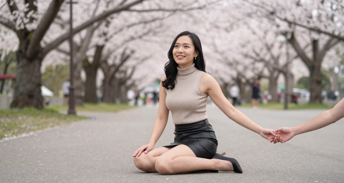 A hopeful Female From Singapore, has a degree in business management in their 23, building consistency in personal projects, wearing a fitted turtleneck sleeveless top and a leather mini skirt, holding hands with someone unseen in a cherry blossom park.