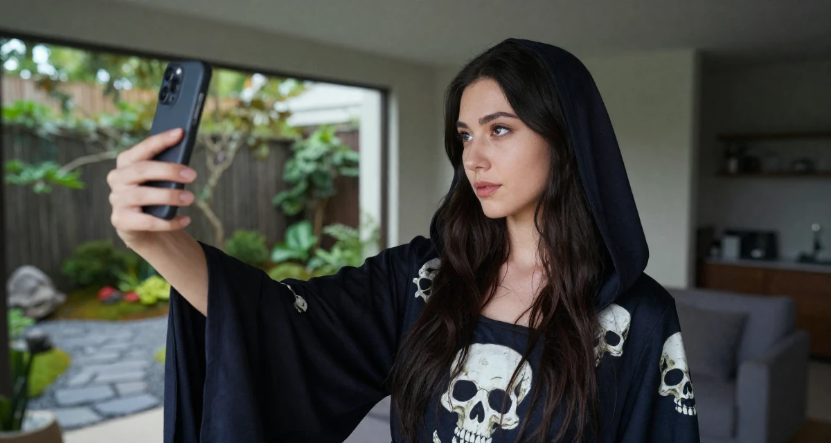 A calm Female From USA, dropped out of art school to pursue modeling in their 23, exploring flirtatious selfies that feel natural, wearing a dark fantasy necromancer robe with skull motifs, waiting for a light to change in a modern apartment living room.