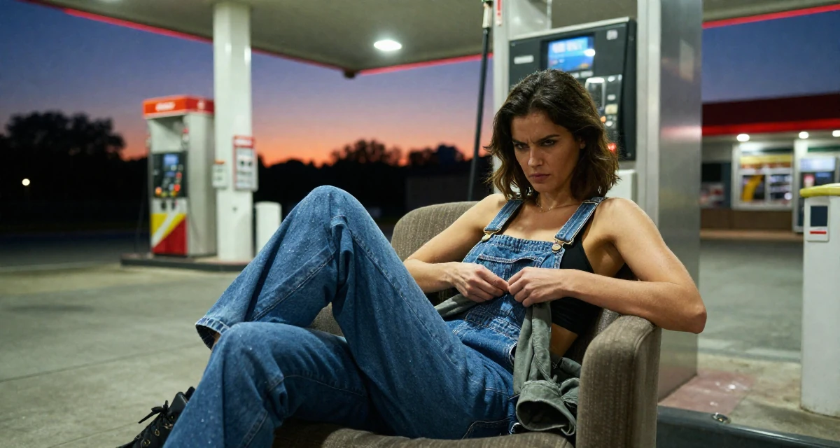 A defiant Female Former hotel housekeeper, now offering intimate behind-the-scenes content in their 24, balancing sensuality with authenticity, wearing a relaxed dungarees or overalls, buttoning a jacket in a gas station at night.