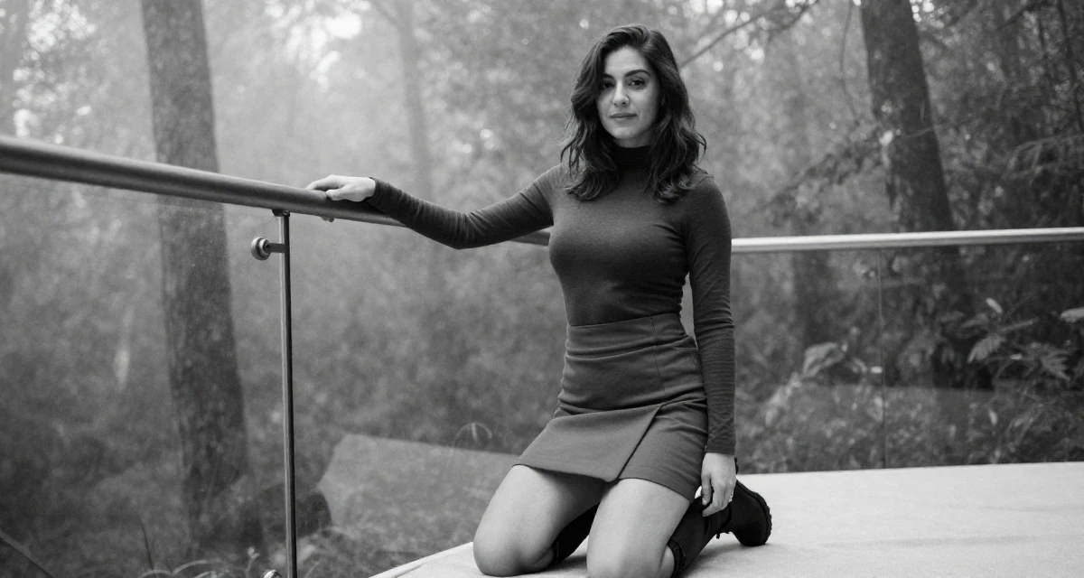 A relaxed and carefree Female Once a soldier trainee, now exploring softer sides through creator work in their 23, finding comfort in semi-bold outfits that feel empowering, wearing a mini wrap skirt and a fitted long-sleeve top, holding a railing in a dense misty forest.