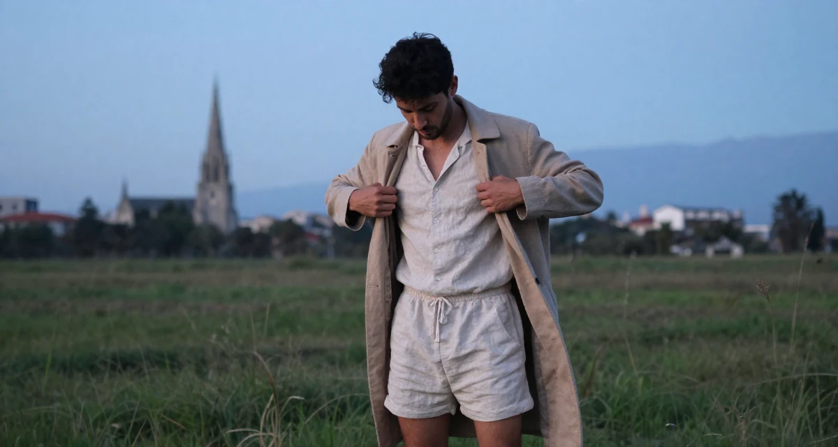 A seriously concentrated male From Chile, majored in astronomy in their 24, embracing weekends of solitude and rest, wearing a short romper made of soft linen fabric, unbuttoning a coat in a grassy field.