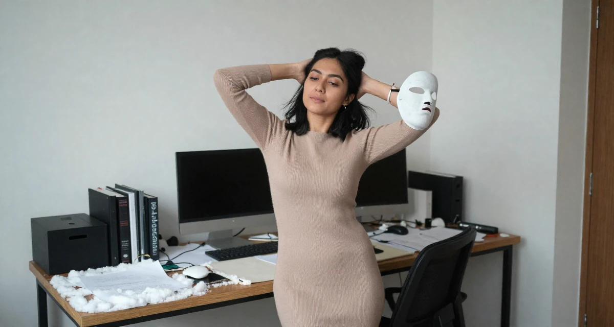 A relaxed Female From Indonesia, based in Surabaya, graduated from a creative academy majoring in multimedia arts in their 32, sharing budget-friendly interior design tips, wearing a tight knit midi dress with long sleeves, holding a mask (cosplay/prop) in a messy desk.