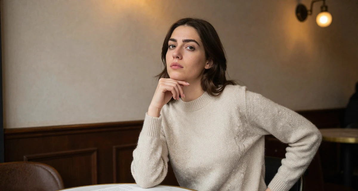 A impatient Female From Rome Italy, studied classical body aesthetics and figure drawing in their 24, balancing sensuality with authenticity, wearing a soft cashmere sweater look, touching the chin thoughtfully in a coffee shop corner.