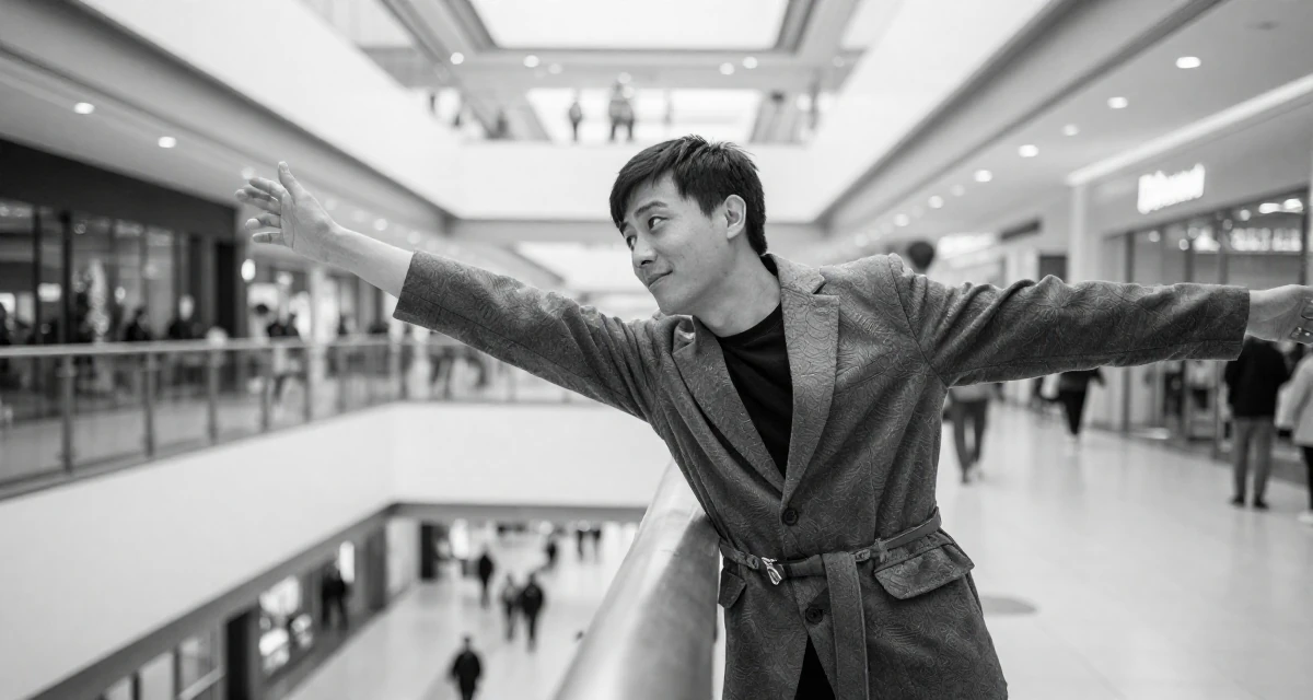 A sweet male Former small-town teacher, now exploring expressive photography in their 22, trying to scale content while keeping privacy safe, wearing a oversized blazer worn as a dress with a belt, stretching arms in a shopping mall atrium.