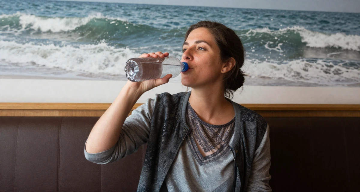 A assured Female From Salzburg Austria, practiced soft-aesthetic lifestyle content in their 46, passionate about classic literature and arts, wearing a artistic layered clothing, drinking from a water bottle in a restaurant booth.