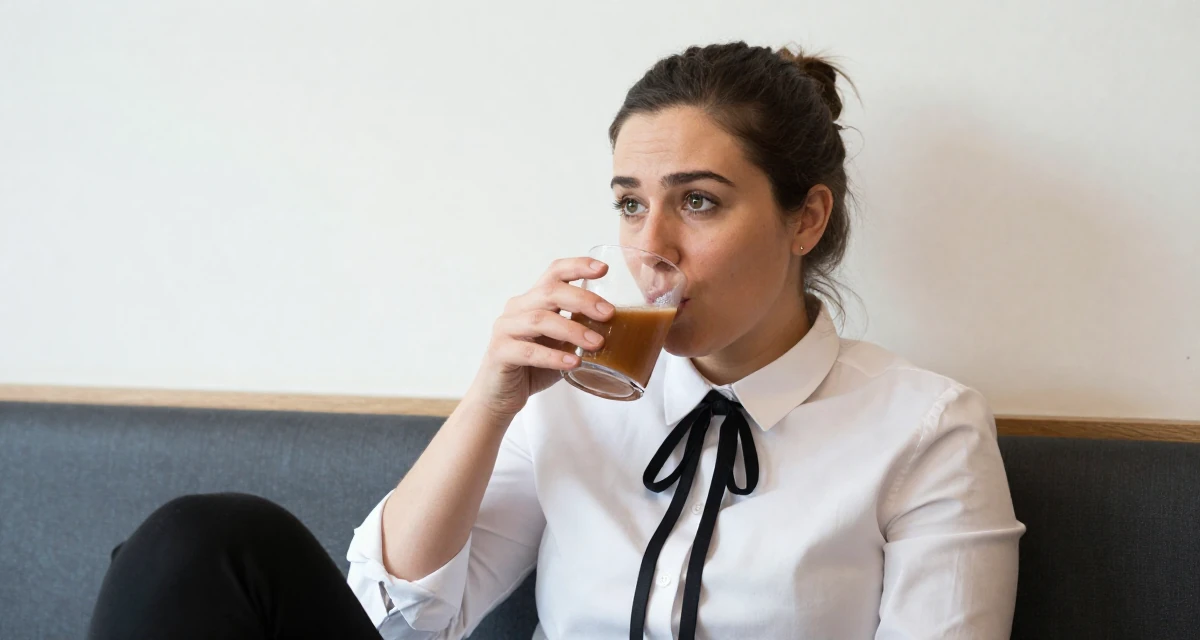A composed Female Born in Wales, majored in education studies in their 29, carrying invisible pressure to stay relevant, wearing a white shirt with a black ribbon tie, sipping a warm drink in a restaurant booth.