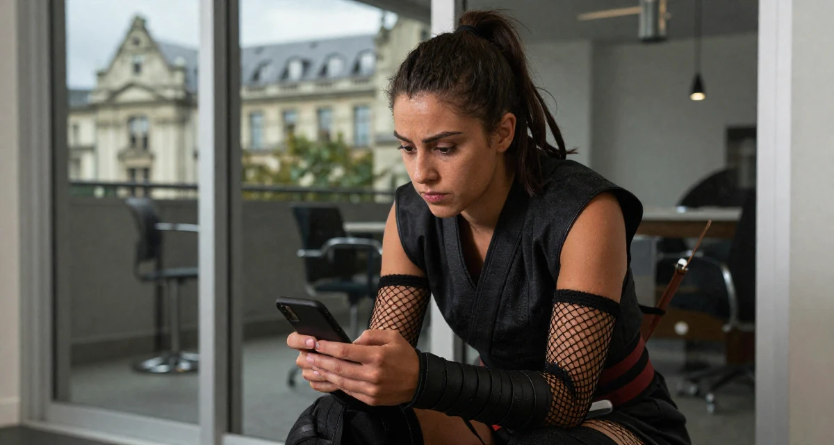 A curious and focused Female From Auckland New Zealand, explored intimate photography as personal therapy in their 22, navigating the confusing world of office politics, wearing a ninja kunoichi outfit with fishnet details, reading a text message in a modern apartment.