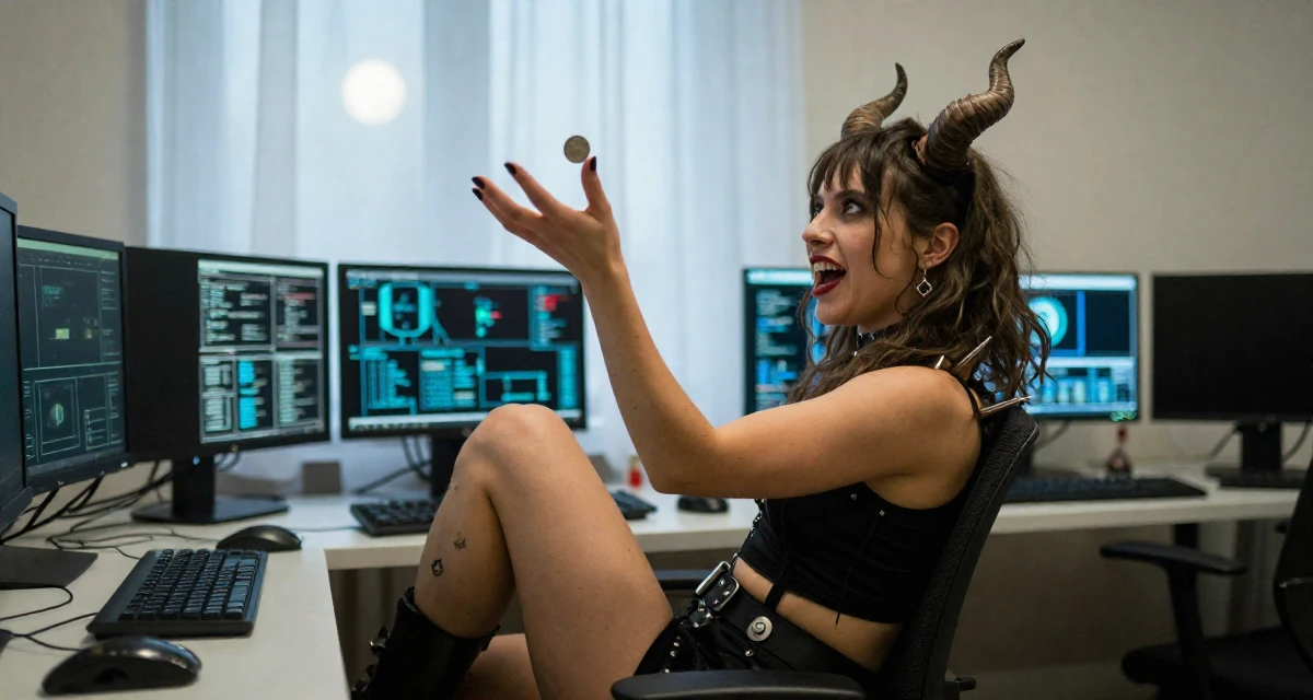 A passionate Female From Bucharest Romania, trained in expressive posing in their 36, pivoting career paths completely, wearing a demon girl outfit with horns and a spiked tail, flipping a coin in a cybernetic computer lab.